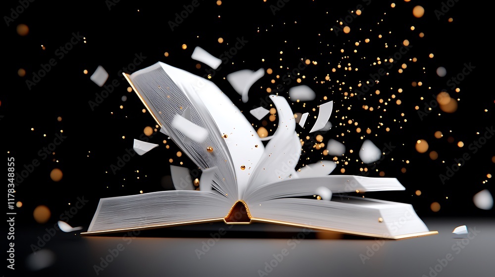 Poster open book with pages exploding in golden sparkles against a black background.