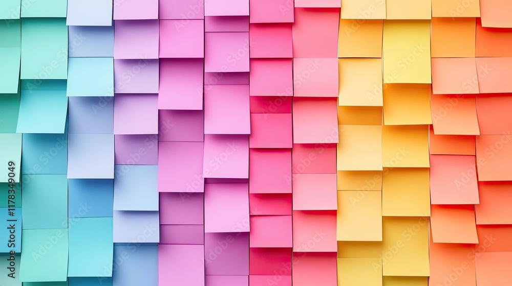 Poster a close-up of a colorful pinboard with neatly pinned sticky notes in creative patterns.