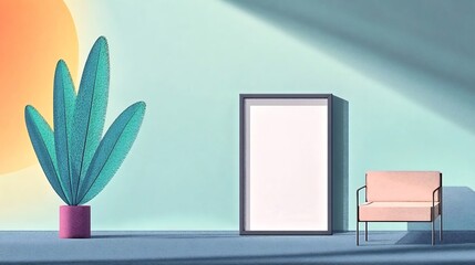 Serene Minimalist Illustration: Mockup Poster Design in a Sunlit Room. AI Generated