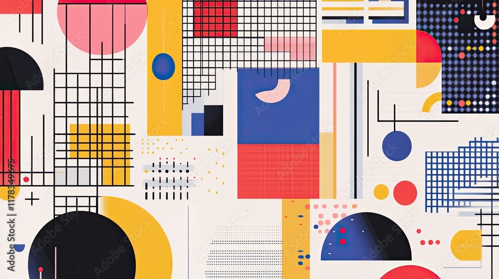 Poster a digital grid with colorful geometric shapes, perfect for presenting graphical data in an engaging 
