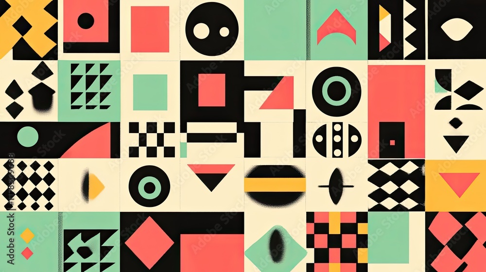 Poster a digital grid with colorful geometric shapes, perfect for presenting graphical data in an engaging 