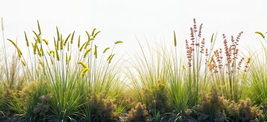 Coastal buffer zone with sea grasses, wildflowers. Natural habitat for diverse flora. Robust eco friendly design. Provides shoreline protection, conservation. Protective landscaping. Beautiful summer