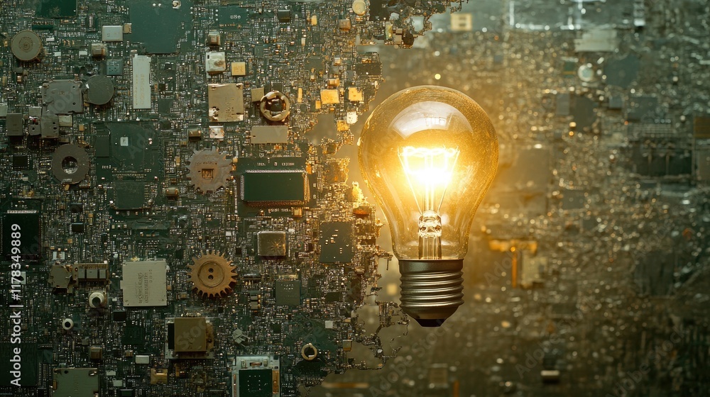 Poster a floating light bulb surrounded by small gears and circuit board fragments on a gradient backdrop.