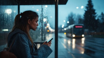 

Woman at Bus Stop Checking Phone on Rainy Evening