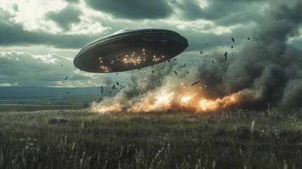 A realistic photo of a flying saucer emergency landing, debris scattered across a grassy field, smoke and light effects creating a dramatic sci-fi moment,