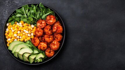 Healthy food delight shrimp avocado corn and tomatoes kitchen food photography minimalist fresh ingredients