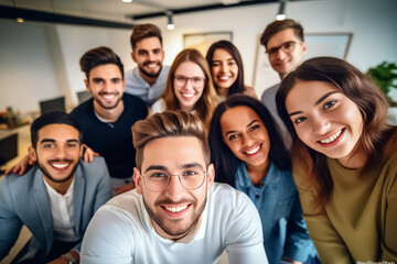 Portrait of successful group of business people at modern office looking at camera. Portrait of happy businessmen and satisfied businesswomen standing and smile as a team. Generative AI.