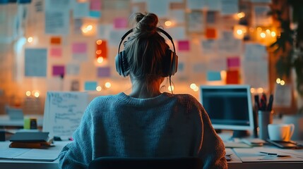 A person with headphones on, studying at a desk covered with notes, focusing on their personal development and learning journey