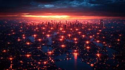 Obraz premium A breathtaking aerial view of a city skyline illuminated at dusk, showcasing vibrant lights.
