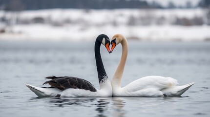 Fototapeta premium White and black swans in a serene mountain lake creating a heart shape with their necks