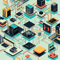 Obraz premium Isometric network infrastructure, data flow, connected devices, tech background for IT visualization