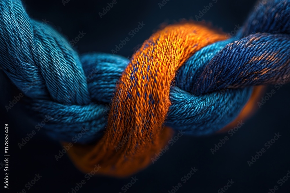 Poster intricate knots: blue and orange threads intertwined, creating complex patterns and textures. a stud
