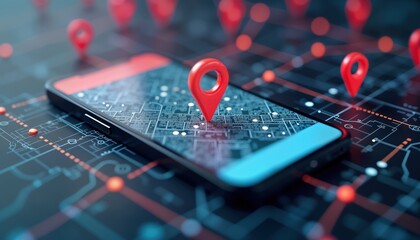 Modern mobile device displays digital map with virtual boundaries, location pin. Geofencing app on phone illustrates location tracking. Illustration shows concept of proximity marketing, personalized