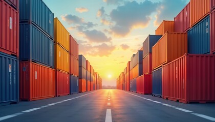 Fototapeta premium Colorful shipping containers stacked high in port at sunset. Rows of vibrant containers create vibrant pattern against evening sky. Road leads through container wall. Scene global trade, shipping