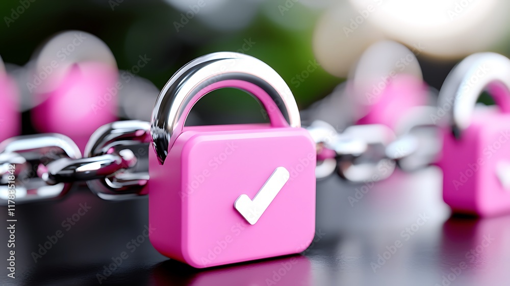 Poster pink padlocks linked by a chain, showing security and connection.