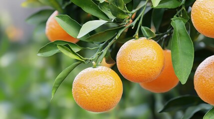Vibrant oranges hanging from a lush green tree.