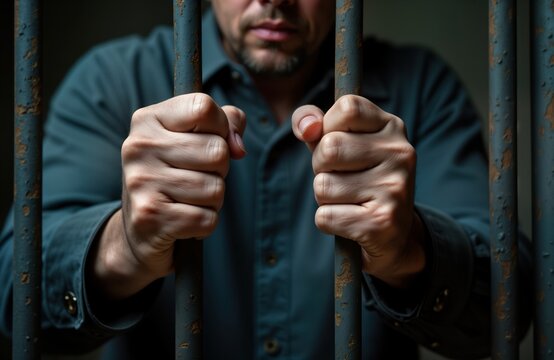 Man trapped behind prison bars. Hands grip metal bars tightly. Dark, somber scene. Focus on imprisonment, legal concepts. Powerlessness, confinement themes. Photo evokes themes of crime, punishment,