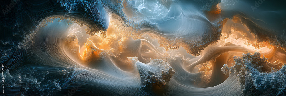 Poster an abstract depiction of underwater currents, with flowing lines and shapes representing the movemen