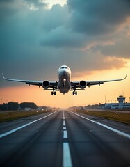 Commercial airliner takes off over runway at sunset. Aircraft flies over tarmac. Modern jet plane departs aerodrome. Beautiful sky with clouds. Fast travel, transportation, aviation. Business trip
