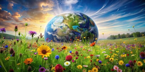 Naklejka premium A vibrant meadow blossoms in the gentle sunrise, with a majestic Earth globe rising behind it, symbolizing the harmony between nature and our planet.