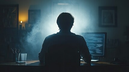 Hacker coding in dark room, smoky atmosphere, for cybersecurity, privacy themes