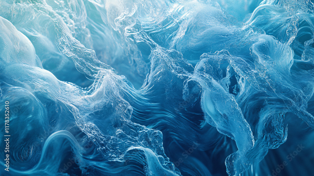 Poster an abstract depiction of underwater currents, with flowing lines and shapes representing the movemen