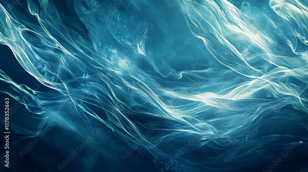 Poster an abstract depiction of underwater currents, with flowing lines and shapes representing the movemen