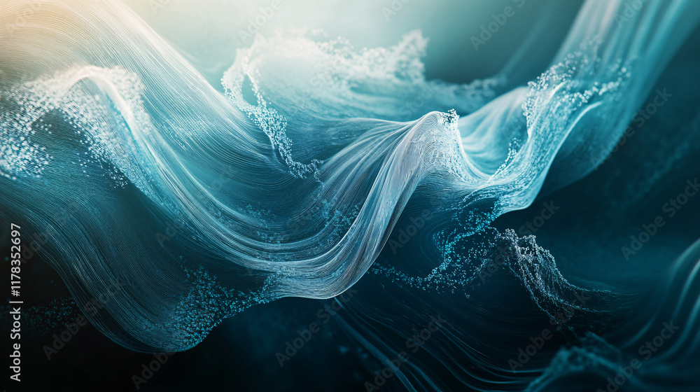 Poster an abstract depiction of underwater currents, with flowing lines and shapes representing the movemen