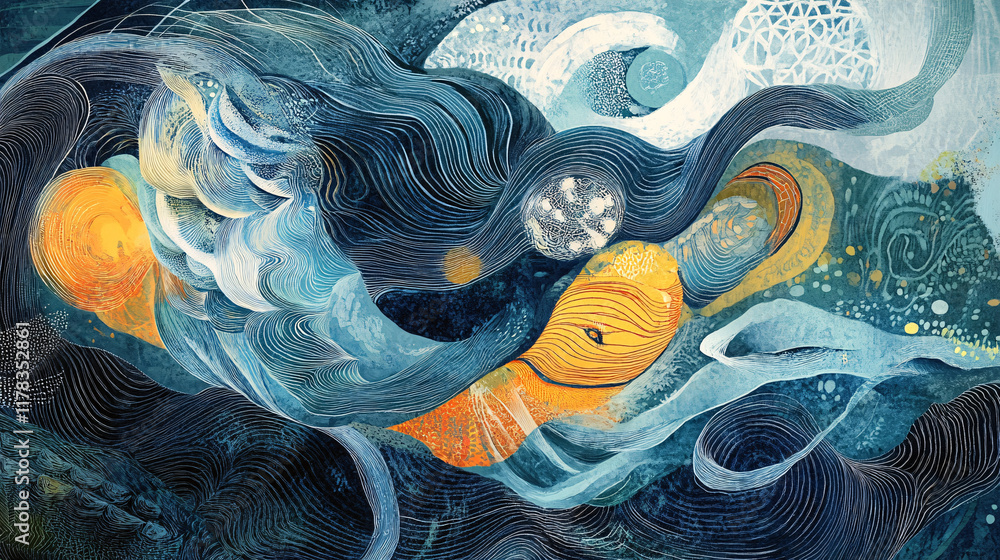 Poster an abstract depiction of underwater currents, with flowing lines and shapes representing the movemen