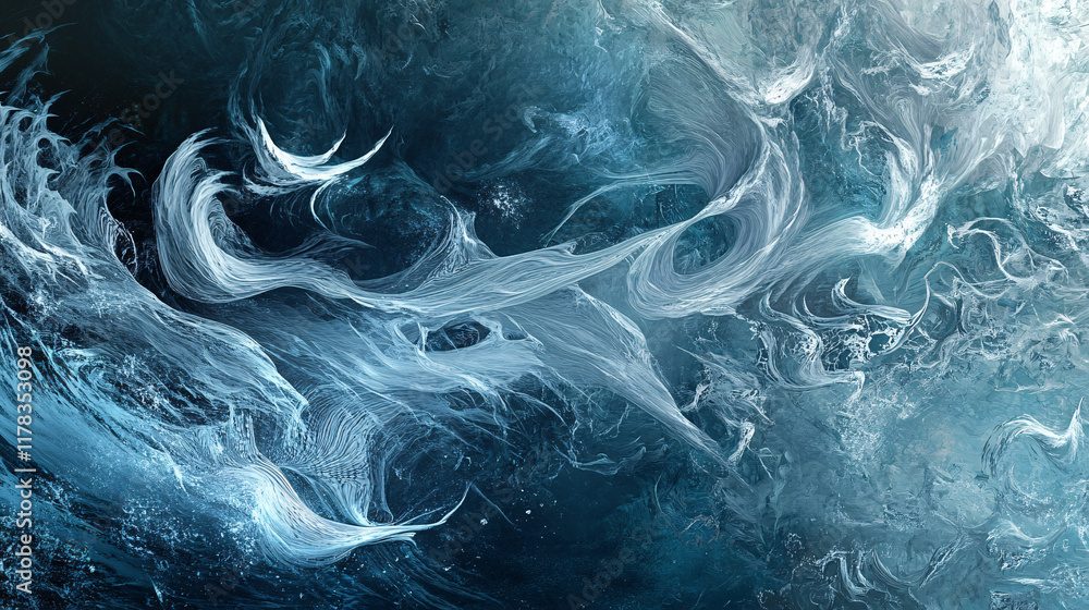 Poster an abstract depiction of underwater currents, with flowing lines and shapes representing the movemen