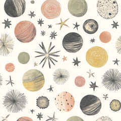 A seamless pattern of hand-drawn celestial elements, such as stars, moons, and planets
