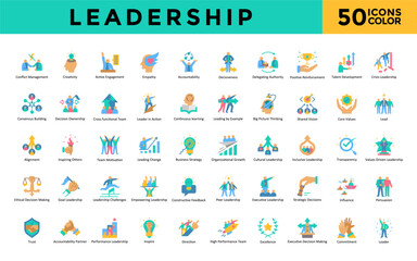 Leadership icons set with conflict management, creativity, active engagement, empathy, accountability, decisiveness, delegating authority, positive reinforcement icon. Simple flat color vector 
