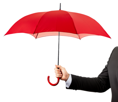 High-Quality PNG red umbrella held by a hand in suit on white background - Powered by Adobe