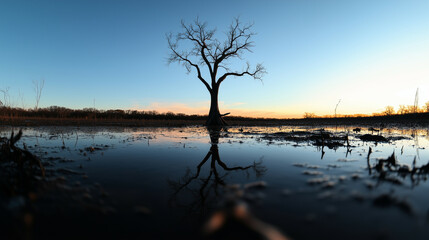 Isolated tree in a flooded wetland, mirrored perfectly in the still water, surrounded by minimal vegetation under a clear morning sky.