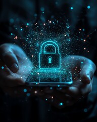 Cyber defense visualization, a person holding a smartphone projecting luminous padlocks, dark hightech backdrop, intricate details, neon glow effects, 8K resolution