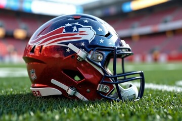American Football Helmet Rests On Field Grass