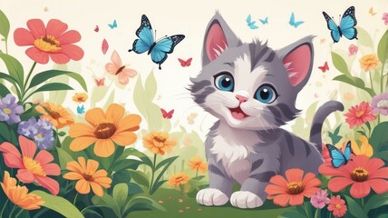 computer wallpaper cute cat, Playful kitten in a flower garden with butterflies

