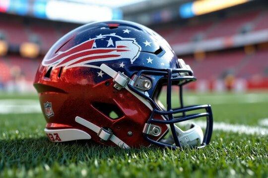 American Football Helmet Rests On Field Grass