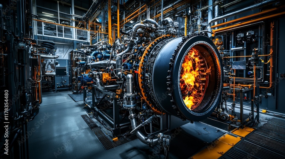 Poster engine component testing aerospace facility industrial process mechanical environment close-up view 