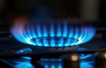 Close-up view of gas stove burner with vibrant blue flames. Natural gas ignites in furnace burner. Bright blue energy source. Heat source for cooking. Kitchen appliance. Energy concept. Black