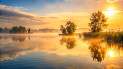 Obraz premium Golden Sunrise Over Serene Lake with Misty Islands and Trees