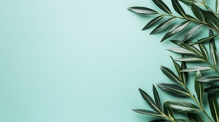 Fototapeta premium Green leaves arranged on a light blue background