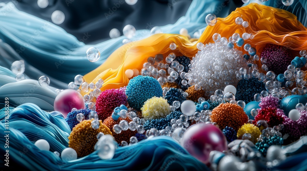 Poster Exploring polymers properties in material science close-up view of colorful particles and textures