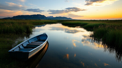 Fototapeta premium Lone boat on a quiet wetland, surrounded by shallow water and reeds, soft ripples creating reflections under an expansive cloudy sky.