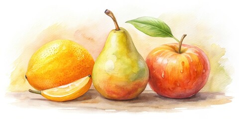 A watercolor painting of a vibrant orange, a juicy pear, and a glistening apple, arranged in a still life composition on a neutral background.