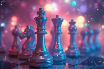Illuminated Chess King Piece Centered Among Others