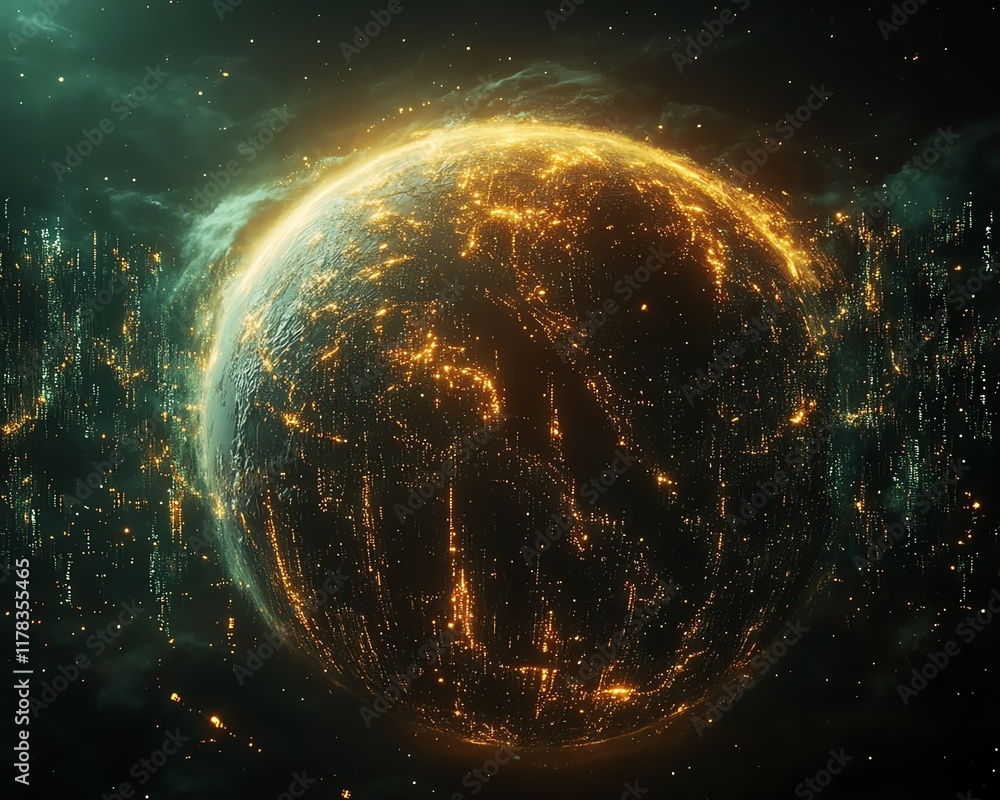Poster glowing earth surrounded by digital data streams in a dark environment, global network and connectiv