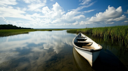 Obraz premium Lone boat on a quiet wetland, surrounded by shallow water and reeds, soft ripples creating reflections under an expansive cloudy sky.