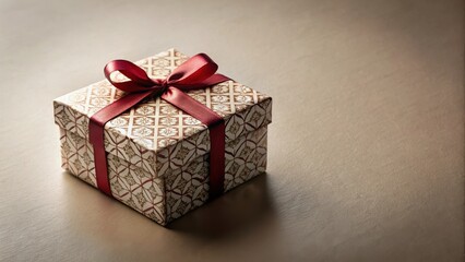 Fototapeta premium A delicately wrapped gift box, adorned with an elegant patterned design and a rich burgundy ribbon, rests on a neutral surface, awaiting its moment of presentation.
