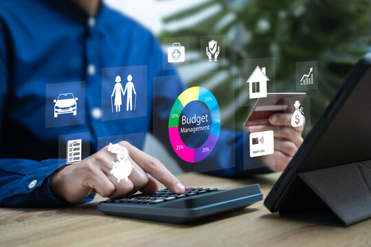 Budget planning, Salary management concept, Businesswoman plan monthly expenses, Pre-retirement savings planning, Health insurance, Home loan, car loan, Credit Card, Effective and smart budgeting